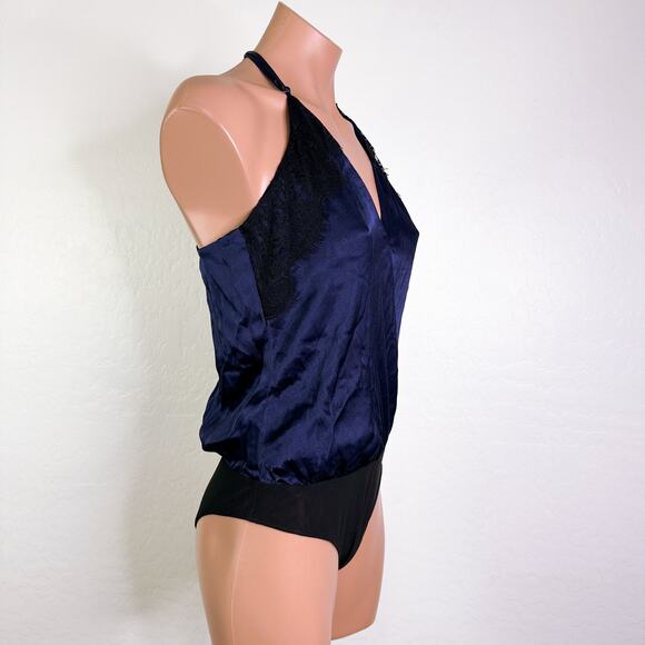Socialite Satin Lace Sleeveless Bodysuit Racer Back Tank Top Black Blue S NWT - Picture 4 of 13